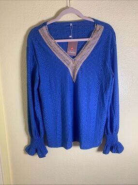 NWT YESFASHION Royal Blue V-Neck Eyelet Blouse, Size M